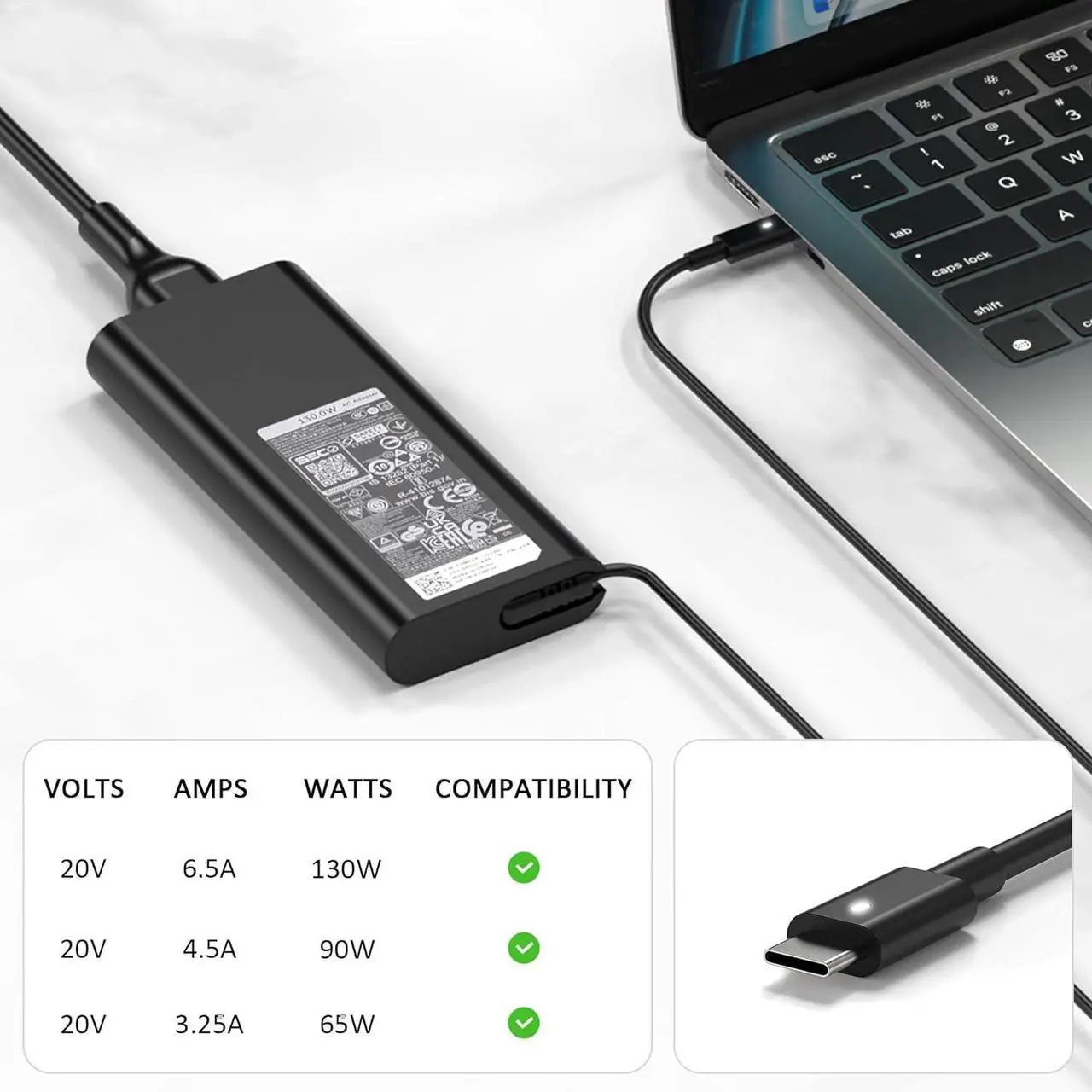 Alt view image 3 of 6 - Original Replacement for  130W Laptop Charger USB C Type C Slim AC Power Adapter for  Xps 17 Precision 5550 5530 2in1 XPS 15 2in1 9575DA130PM170 HA130PM170 0K00F5 K00F5 0M0H25 M0H25 T4V18
