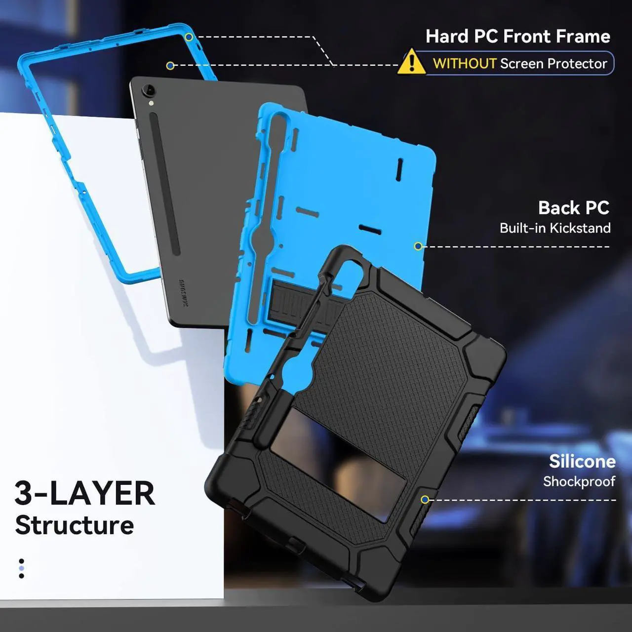 Alt view image 4 of 7 - Cantis Case for  Galaxy Tab S10 FE/ S9 FE 5G 10.9 Inch/Galaxy Tab S9 11 Inch 2023 Heavy Duty Shockproof Tablet Case Support S Pen Black+Blue+Black