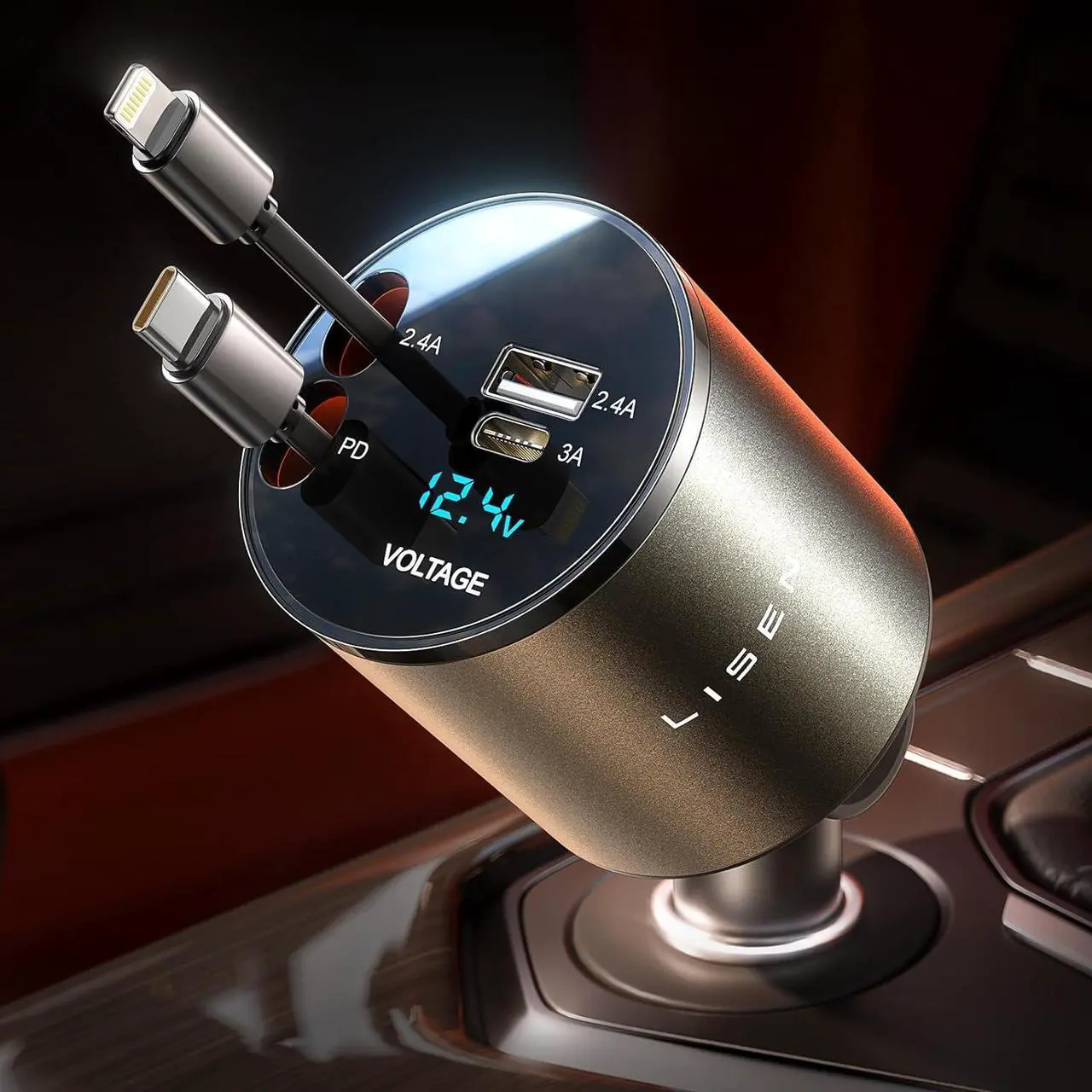 Main image of LISEN 4 in 1 Retractable iPhone Car Charger [All Metal] [69W], Fast Charge Car Phone Charger Adapter Retractable Cables, Car Organization for iPhone 15 Pro Max Plus 14 13 iPad Samsung Pixel iPad