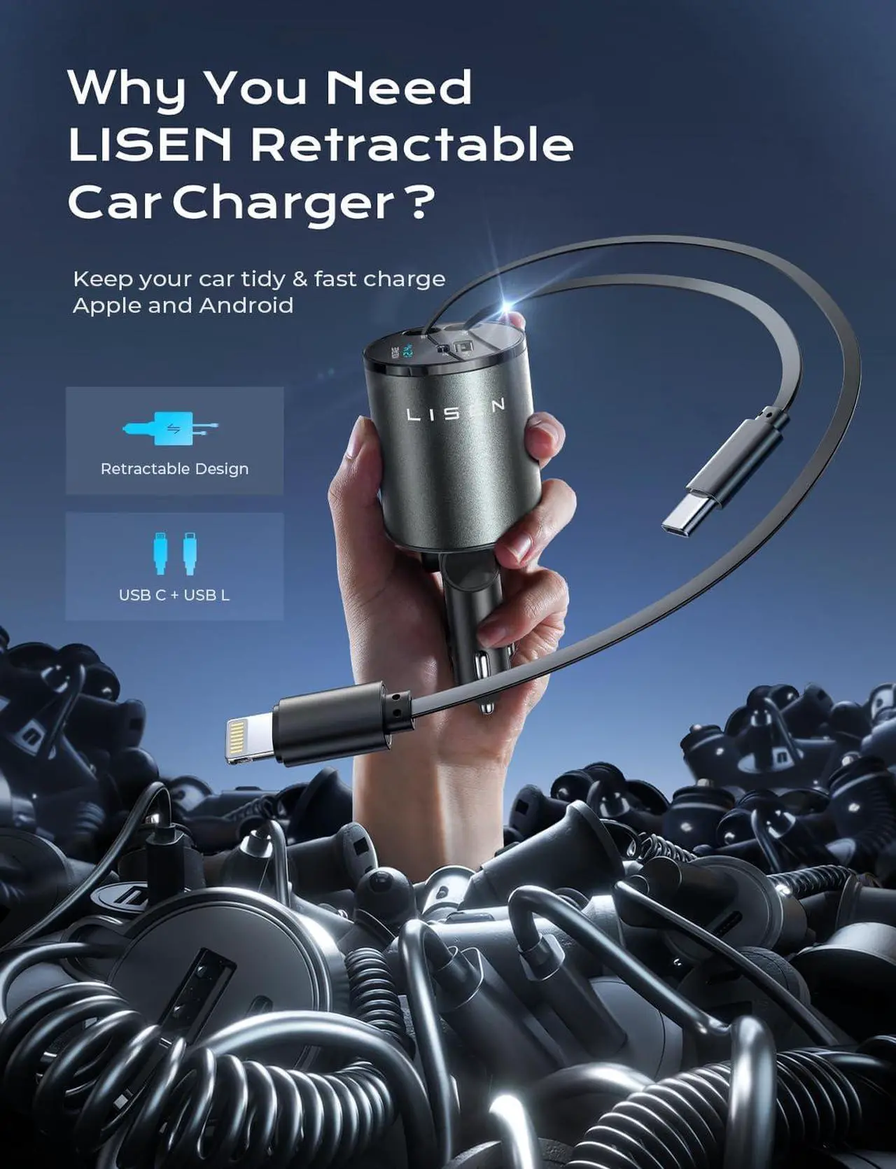 Alt view image 2 of 7 - LISEN 4 in 1 Retractable iPhone Car Charger [All Metal] [69W], Fast Charge Car Phone Charger Adapter Retractable Cables, Car Organization for iPhone 15 Pro Max Plus 14 13 iPad Samsung Pixel iPad