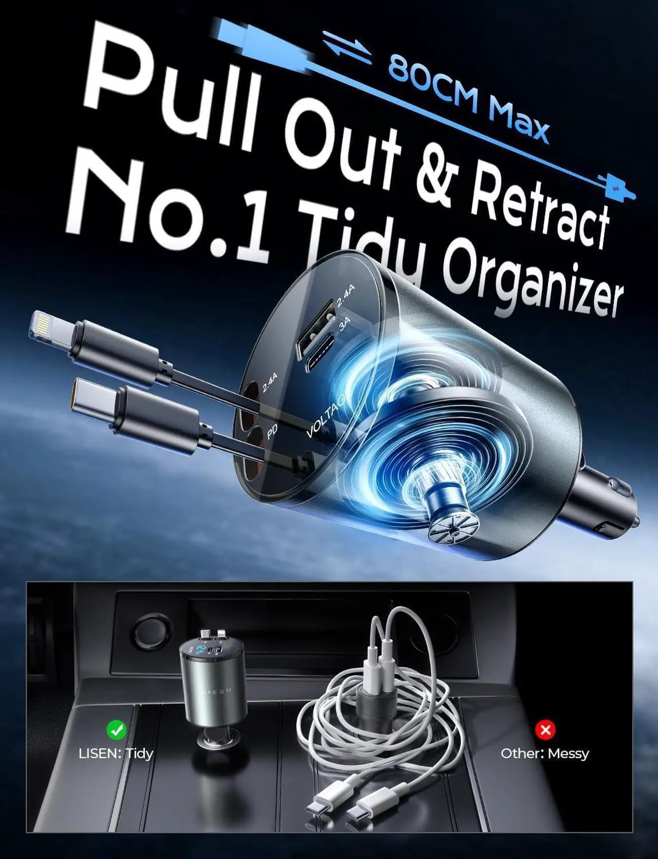 Alt view image 3 of 7 - LISEN 4 in 1 Retractable iPhone Car Charger [All Metal] [69W], Fast Charge Car Phone Charger Adapter Retractable Cables, Car Organization for iPhone 15 Pro Max Plus 14 13 iPad Samsung Pixel iPad