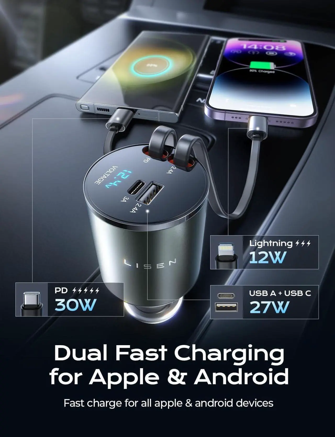 Alt view image 6 of 7 - LISEN 4 in 1 Retractable iPhone Car Charger [All Metal] [69W], Fast Charge Car Phone Charger Adapter Retractable Cables, Car Organization for iPhone 15 Pro Max Plus 14 13 iPad Samsung Pixel iPad