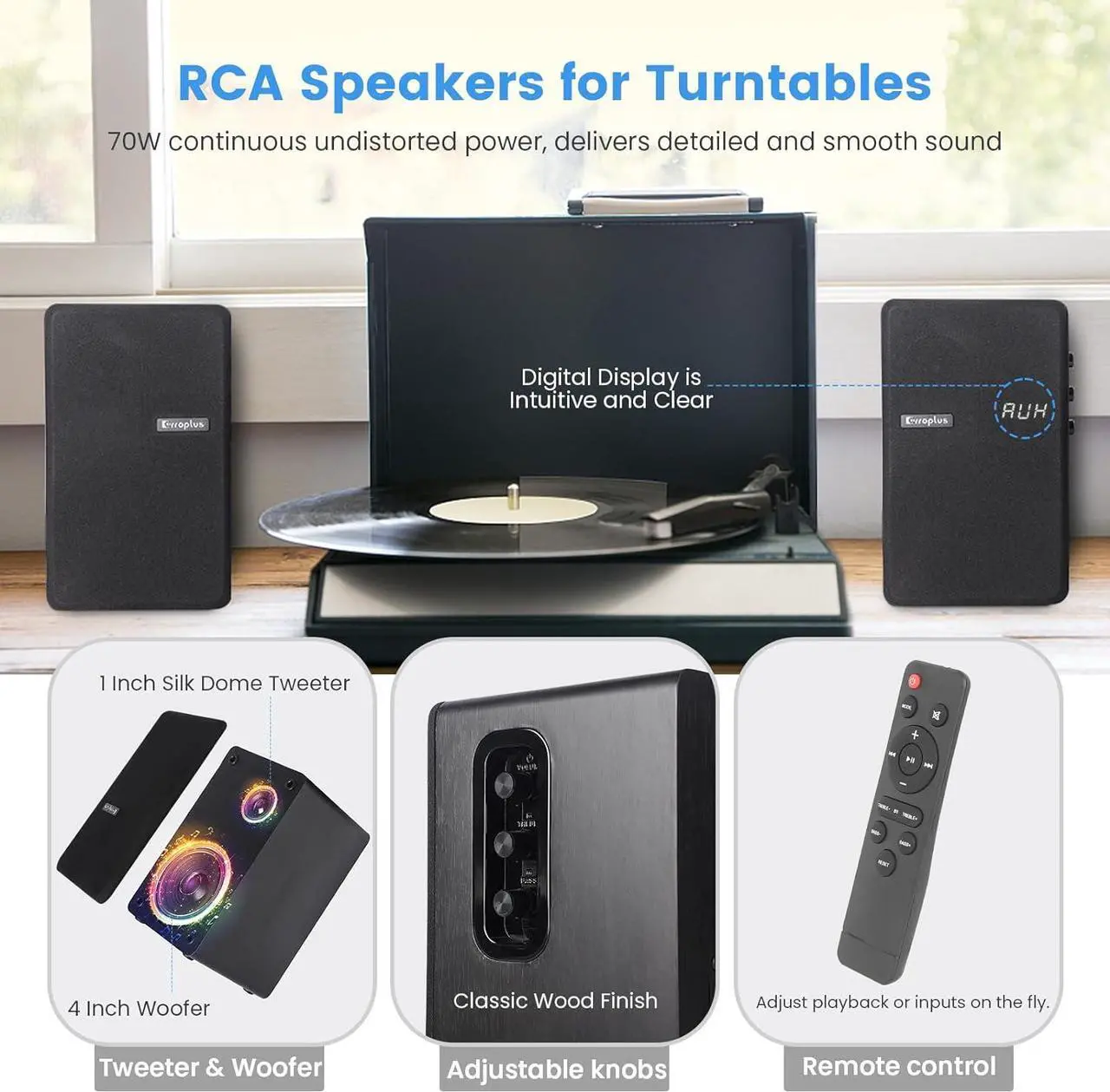 Alt view image 4 of 7 - 70W Powered Bookshelf Speakers Pair, 5 Way Wired Vinyl Record Player Speakers Optical/ARC/RCA/AUX/BT Inputs 4" Subwoofer Active Home Theater Stereo Speakers for Turntable TV PC Studio Monitor