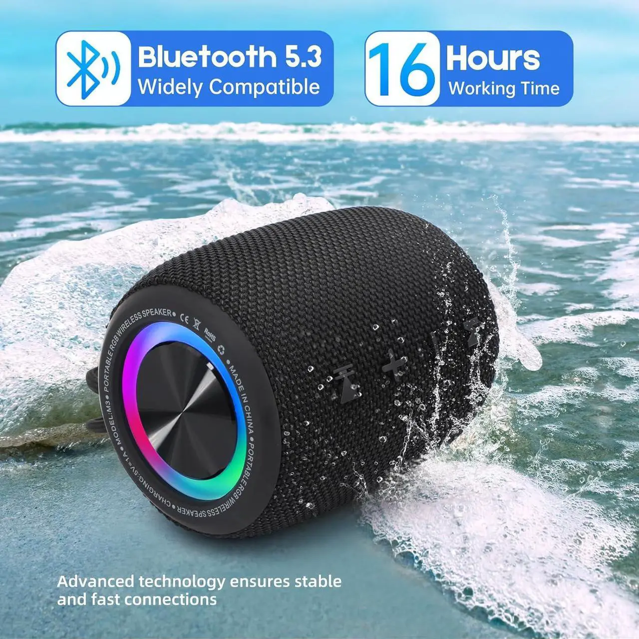 Alt view image 4 of 7 - Portable Bluetooth Speaker, BT5.3 Wireless Speaker 20W Bass Diaphragms with Multi LED Light Dynamic Modes, IPX6 Waterproof 16H Playtime supports FM Mode, TF, USB for Home, Cycling, Outdoor, Beach