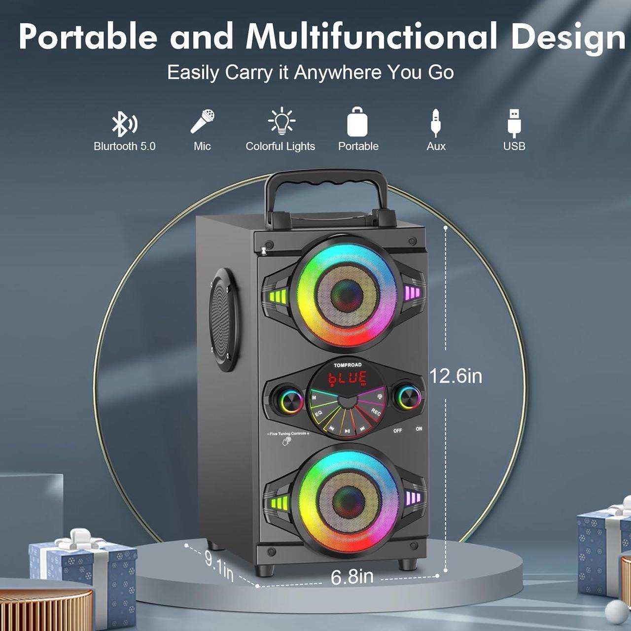 Alt view image 2 of 7 - Bluetooth Speakers, 60W Portable Wireless Loud Outdoor Home Party Bluetooth Speaker with Subwoofer, FM Radio, LED Colorful Lights, Microphone, Remote and Big Powerful Stereo Deep Bass Sound Boombox