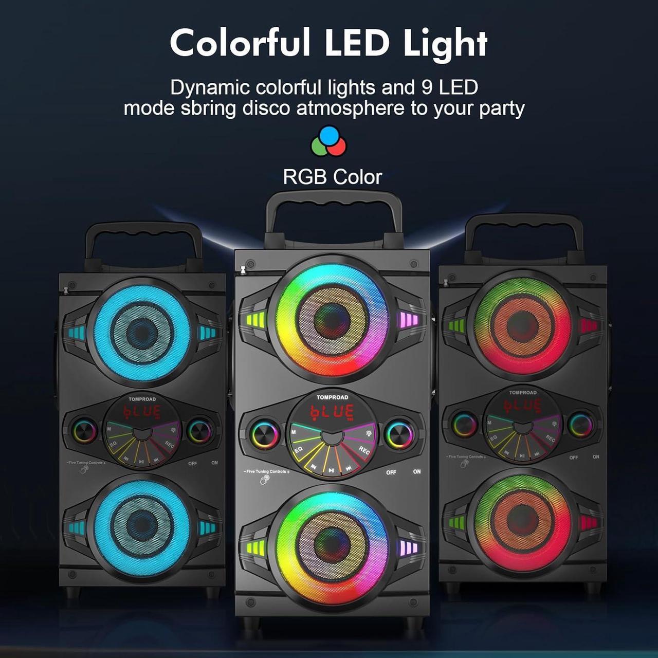 Alt view image 3 of 7 - Bluetooth Speakers, 60W Portable Wireless Loud Outdoor Home Party Bluetooth Speaker with Subwoofer, FM Radio, LED Colorful Lights, Microphone, Remote and Big Powerful Stereo Deep Bass Sound Boombox