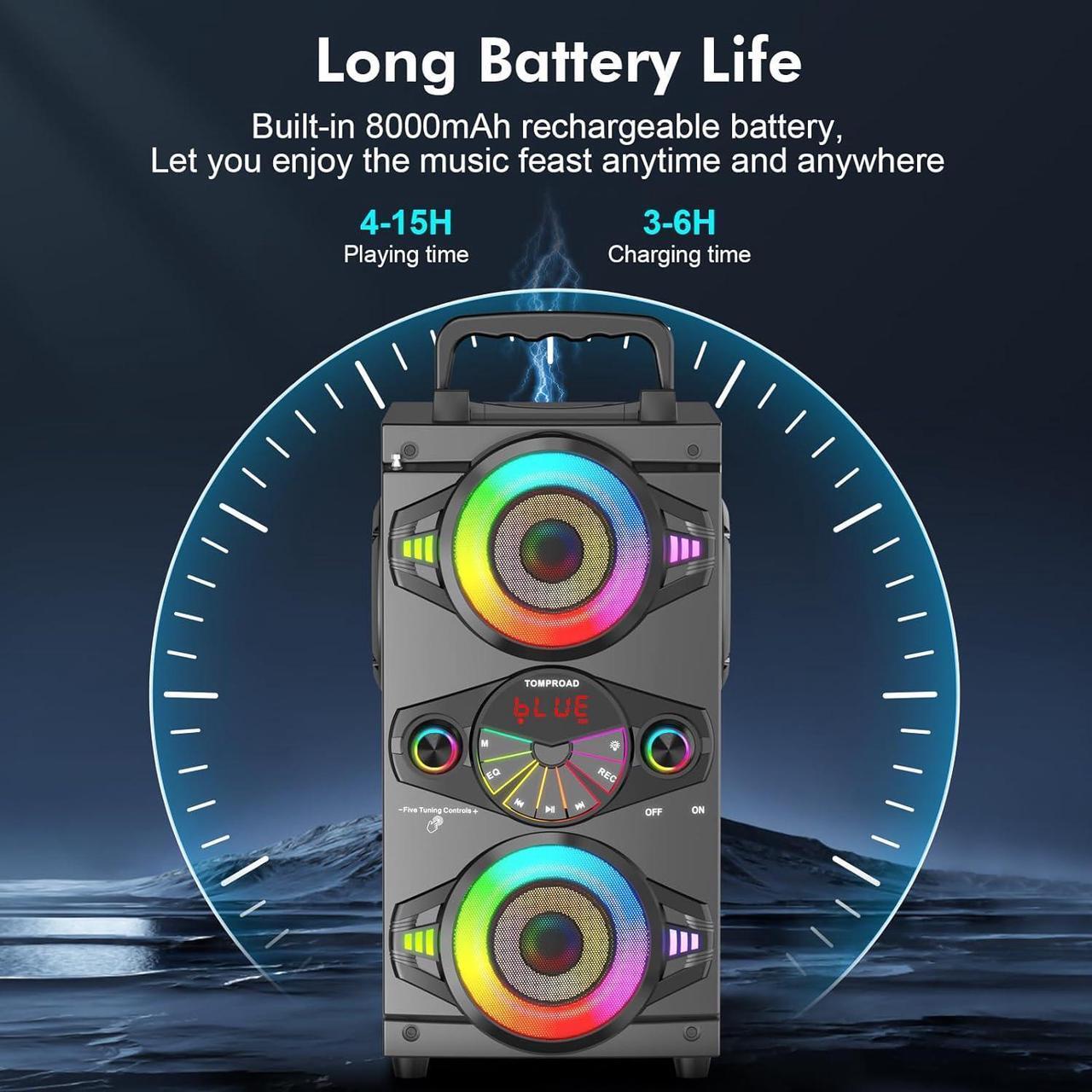 Alt view image 4 of 7 - Bluetooth Speakers, 60W Portable Wireless Loud Outdoor Home Party Bluetooth Speaker with Subwoofer, FM Radio, LED Colorful Lights, Microphone, Remote and Big Powerful Stereo Deep Bass Sound Boombox