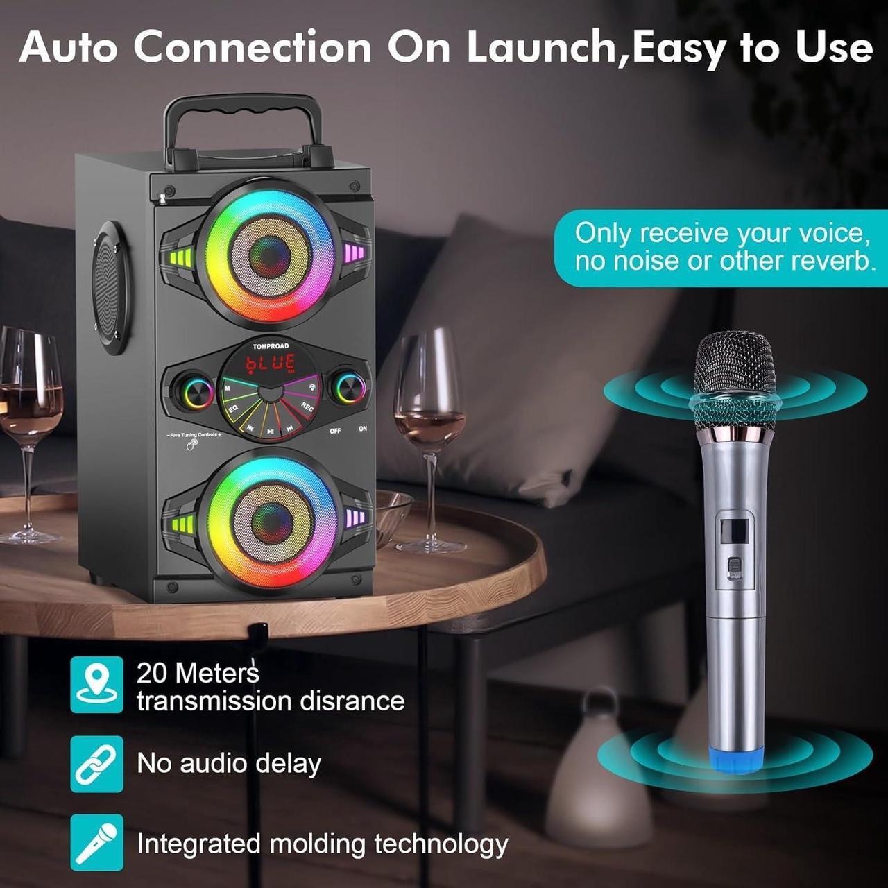 Alt view image 5 of 7 - Bluetooth Speakers, 60W Portable Wireless Loud Outdoor Home Party Bluetooth Speaker with Subwoofer, FM Radio, LED Colorful Lights, Microphone, Remote and Big Powerful Stereo Deep Bass Sound Boombox