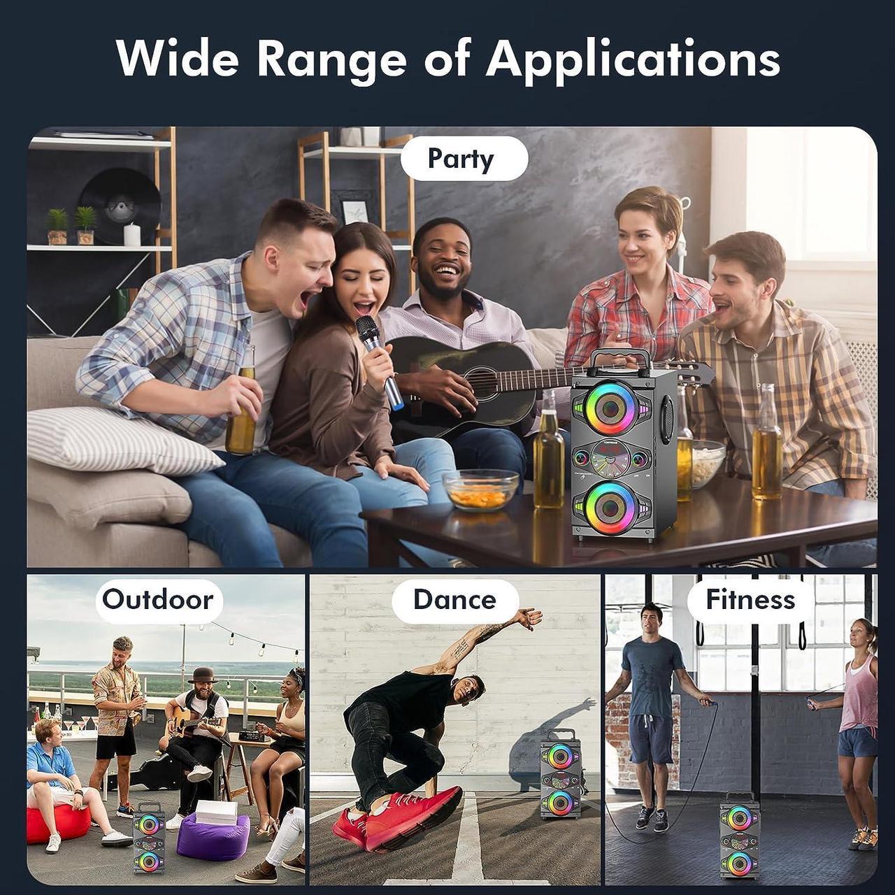 Alt view image 7 of 7 - Bluetooth Speakers, 60W Portable Wireless Loud Outdoor Home Party Bluetooth Speaker with Subwoofer, FM Radio, LED Colorful Lights, Microphone, Remote and Big Powerful Stereo Deep Bass Sound Boombox
