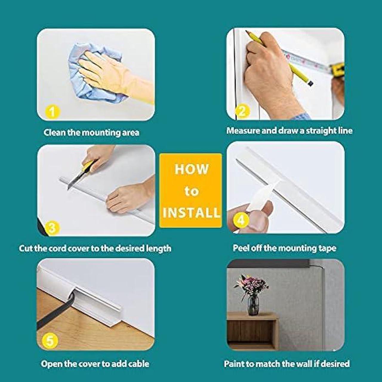 Alt view image 6 of 6 - 85in Corner Cable Concealer, Corner Cord Hider for One Cord, Wire Covers for Cords, Paintable Corner Cord Cover, Cable Management Channel Cable Raceway for Wall, Floor Baseboard, Ceiling -5 X L17in