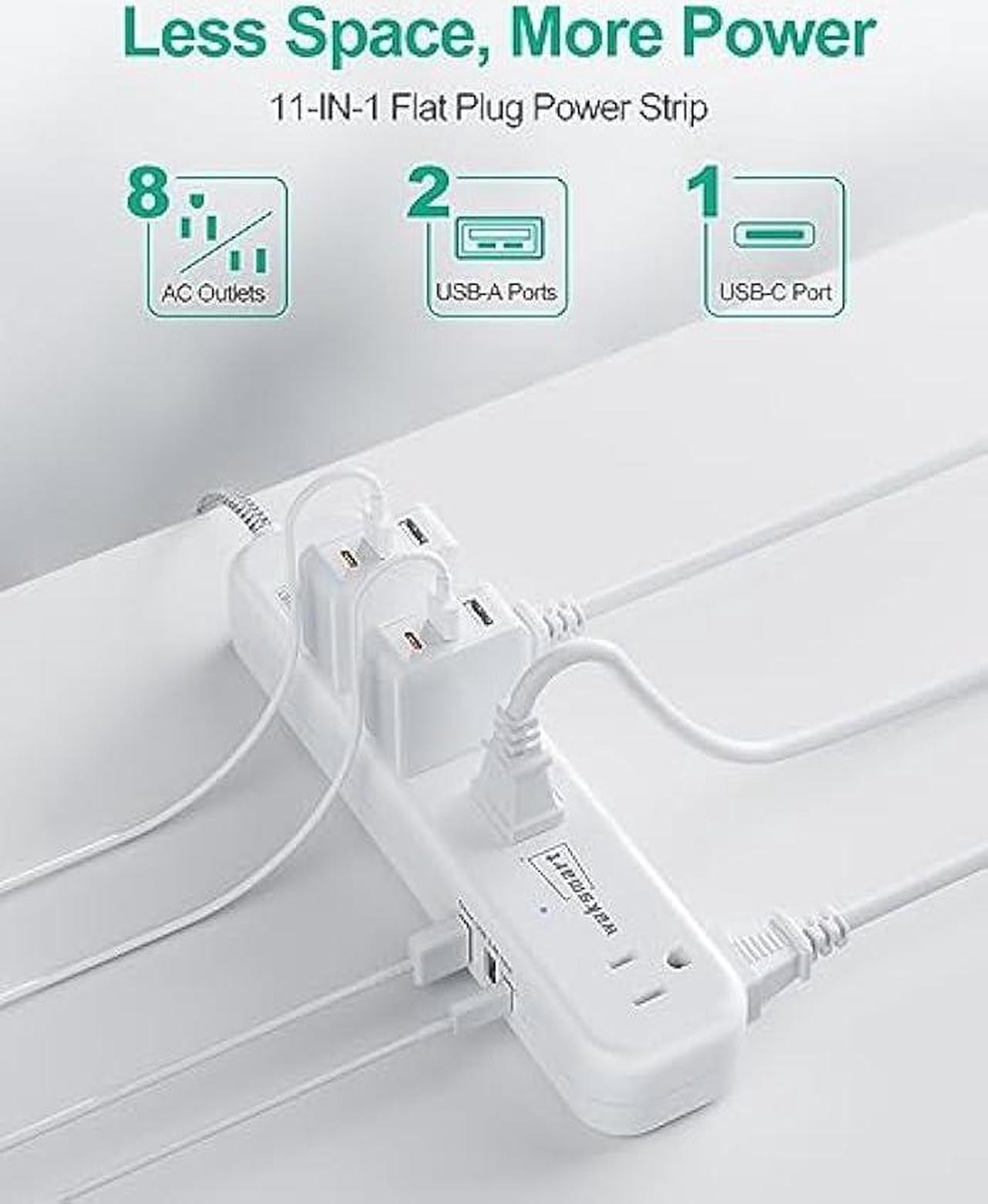 Alt view image 3 of 6 - Flat Extension Cord 20 FT Multiple Outlets- Surge Protector Power Strip 8 AC Outlets 3 USB Fast Charge (3.4A 17W) 1080 Joules Long Braided Cord Wall Mountable for Home Office College Dorm 13A 1625W