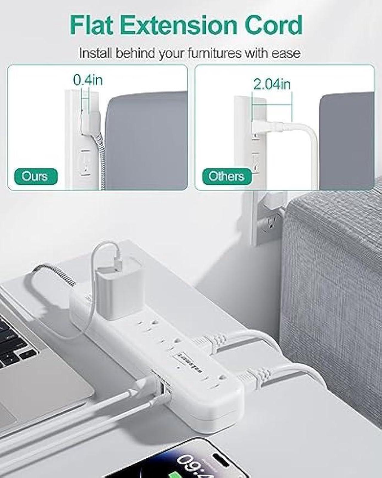 Alt view image 4 of 6 - Flat Extension Cord 20 FT Multiple Outlets- Surge Protector Power Strip 8 AC Outlets 3 USB Fast Charge (3.4A 17W) 1080 Joules Long Braided Cord Wall Mountable for Home Office College Dorm 13A 1625W