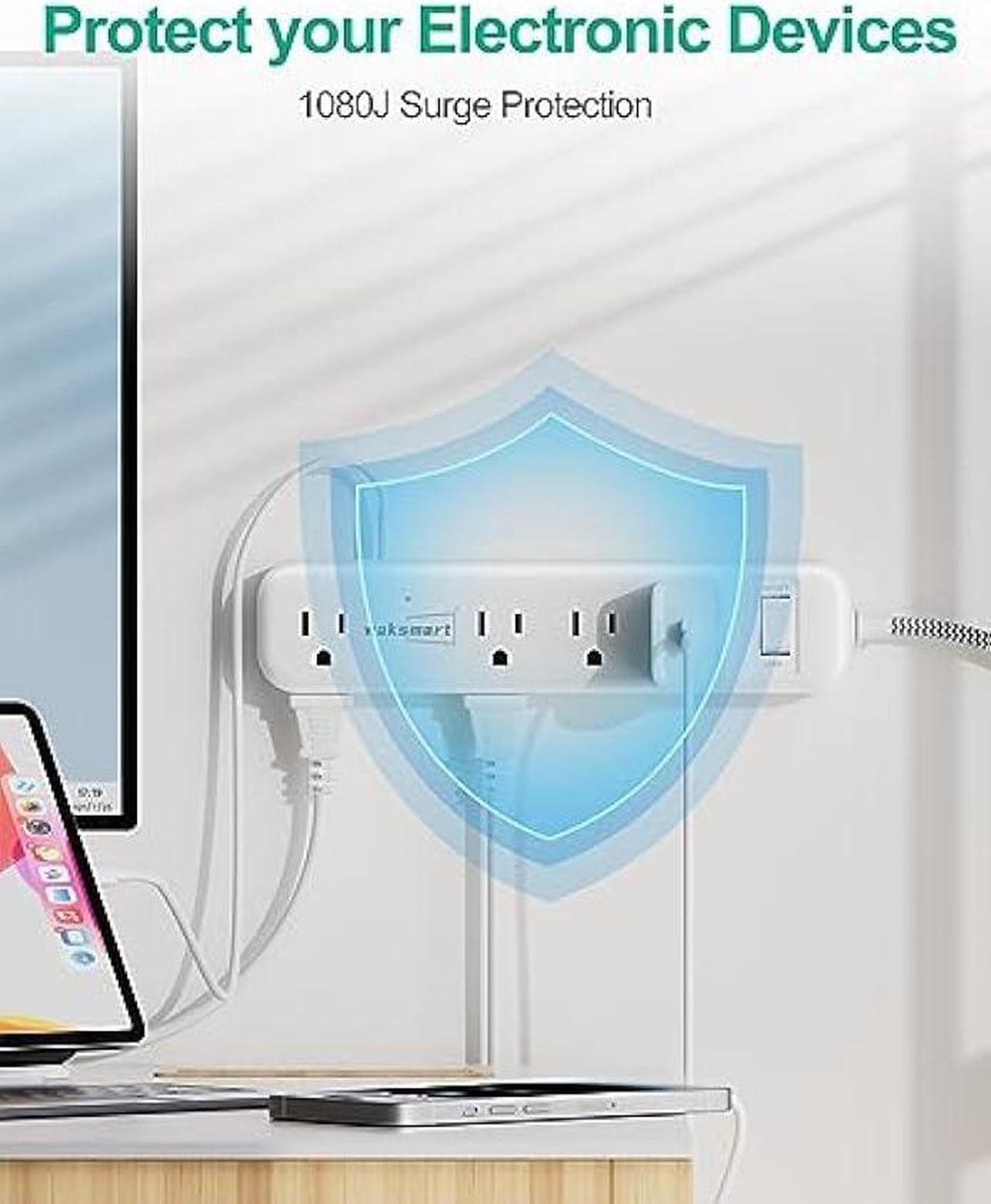 Alt view image 5 of 6 - Flat Extension Cord 20 FT Multiple Outlets- Surge Protector Power Strip 8 AC Outlets 3 USB Fast Charge (3.4A 17W) 1080 Joules Long Braided Cord Wall Mountable for Home Office College Dorm 13A 1625W