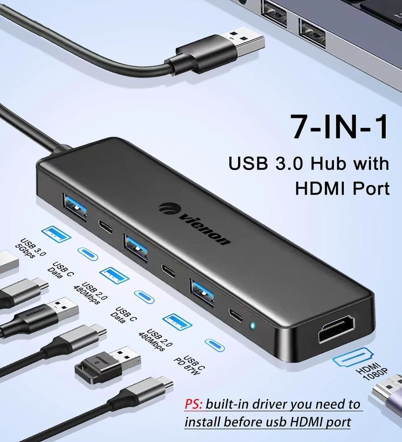 Alt view image 2 of 7 - USB 3.0 to HDMI Adapter (7-in-1), USB 3.0 Hub with HDMI 1080P, USB 3.0, USB 2.0, USB C Data & Power Ports, USB to HDMI Hub for Monitor, PC, Laptop, Desktop Support Windows 7/8/10/11 & Mac OS