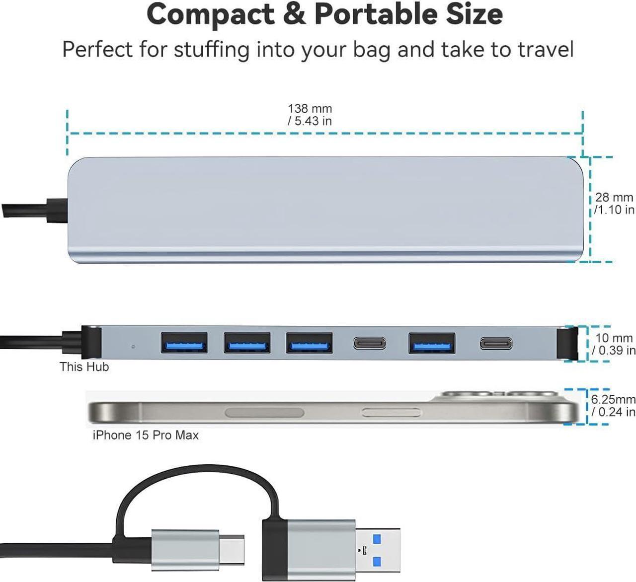 Alt view image 7 of 7 - USB C Hub USB Splitter 7 in 1 USB Extender Multiport USB Adapter with 5 USB Ports 1 USB-C 60W PD Charging Port for MacBook Pro/iPad Pro/Surface Pro/HP Laptop/Galaxy Phones (1 to 7)