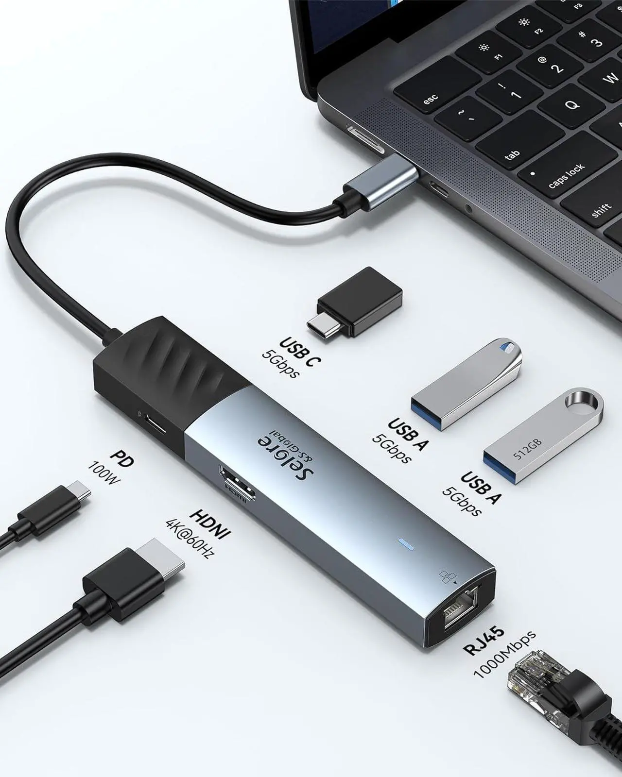 Alt view image 5 of 6 - USB C Hub HDMI Ethernet Multiport Adapter for MacBook Pro/Air,Selore&S-Global 6 in 1 USB C Dongle with 4K@60 HMDI Hub,Gigabit Ethernet,100W PD,USB C Data Port and 2 USB 3.0