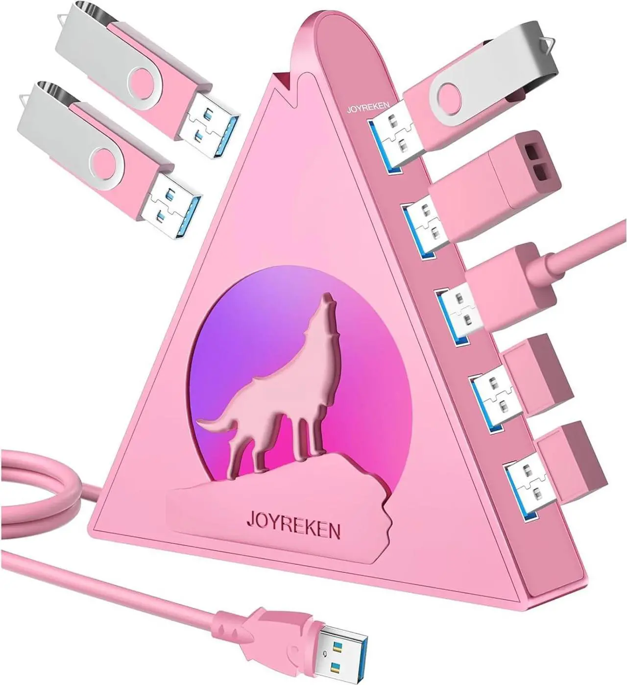 Main image of Howling Wolf USB Hub - 7 USB 3.0 Ports - Pink - Plug and Play - 2ft/1.2m Long Cable, for Laptop, PC, Flash Drive, HDD, Console, Printer, Keyborad, Mouse and More(Charging Not Supported)