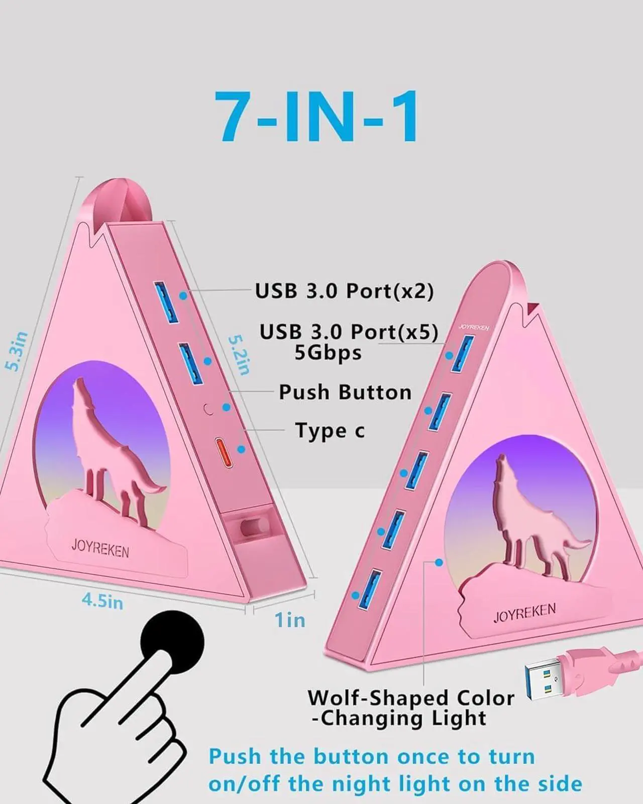 Alt view image 2 of 7 - Howling Wolf USB Hub - 7 USB 3.0 Ports - Pink - Plug and Play - 2ft/1.2m Long Cable, for Laptop, PC, Flash Drive, HDD, Console, Printer, Keyborad, Mouse and More(Charging Not Supported)