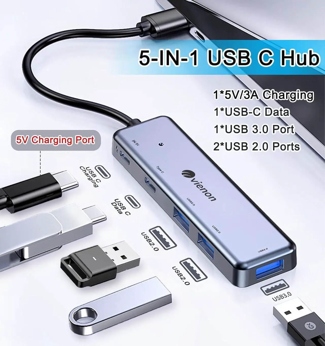 Alt view image 2 of 7 - USB C Hub, Aluminum 5 in 1 USB C to USB 3.0 Extender with USB C Power/Data Ports, USB C Dongle for MacBook Pro Air iMac Pro, iPad Pro and More Type C Laptop