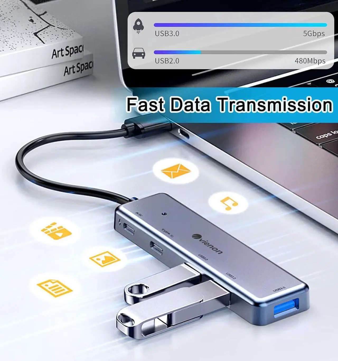 Alt view image 5 of 7 - USB C Hub, Aluminum 5 in 1 USB C to USB 3.0 Extender with USB C Power/Data Ports, USB C Dongle for MacBook Pro Air iMac Pro, iPad Pro and More Type C Laptop