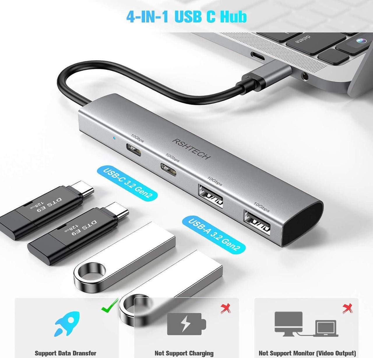 Alt view image 2 of 6 - RSHTECH USB C Hub 10Gbps, 4 Ports USB 3.1/3.2 Gen 2 Hub with 2 USB-C and 2 USB-A Data Ports, Portable Aluminum USB C Splitter for Laptop, MacBook Pro, and More Type C Devices, Gray (RX05)