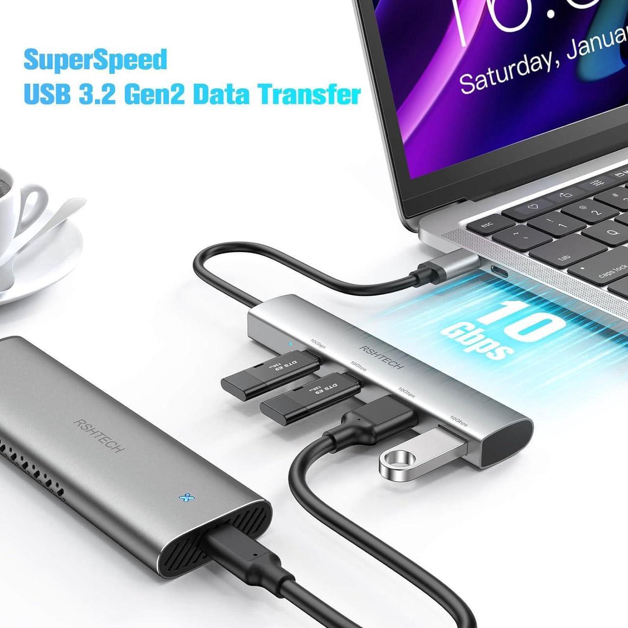 Alt view image 3 of 6 - RSHTECH USB C Hub 10Gbps, 4 Ports USB 3.1/3.2 Gen 2 Hub with 2 USB-C and 2 USB-A Data Ports, Portable Aluminum USB C Splitter for Laptop, MacBook Pro, and More Type C Devices, Gray (RX05)