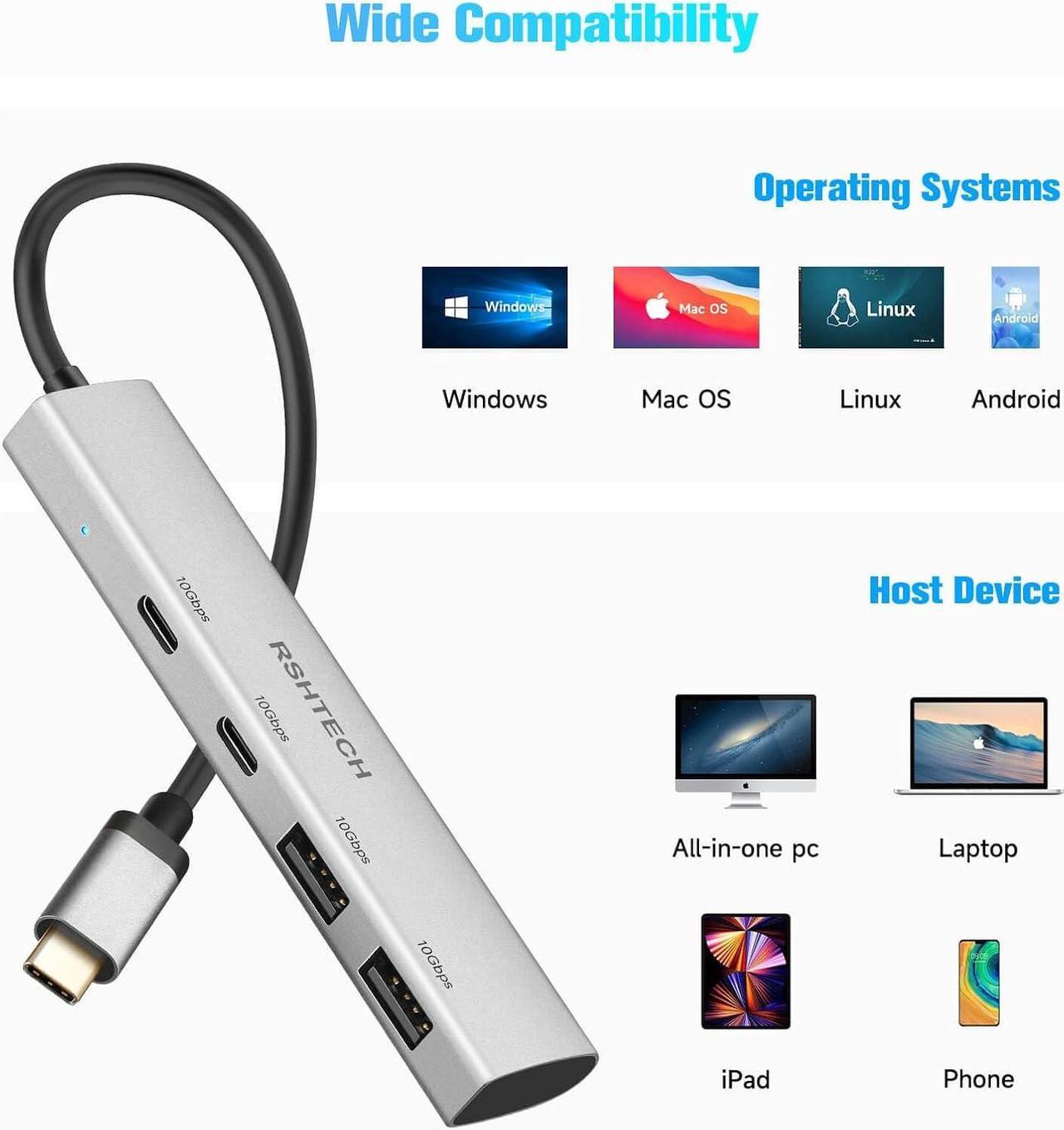 Alt view image 5 of 6 - RSHTECH USB C Hub 10Gbps, 4 Ports USB 3.1/3.2 Gen 2 Hub with 2 USB-C and 2 USB-A Data Ports, Portable Aluminum USB C Splitter for Laptop, MacBook Pro, and More Type C Devices, Gray (RX05)