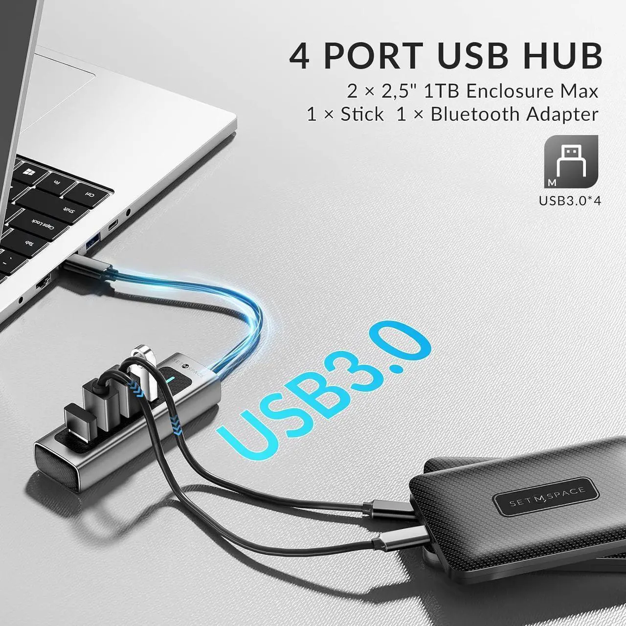 Alt view image 3 of 7 - USB C HUB for Laptop [1G File Transfer 3s], USB 3.0 HUB Supports 2 * 1TB 2.5'' Hard Drive Enclosures, Aluminum 4 Port USB HUB with 5.9 inch Cable for Xbox, Flash Drive, HDD, Console etc