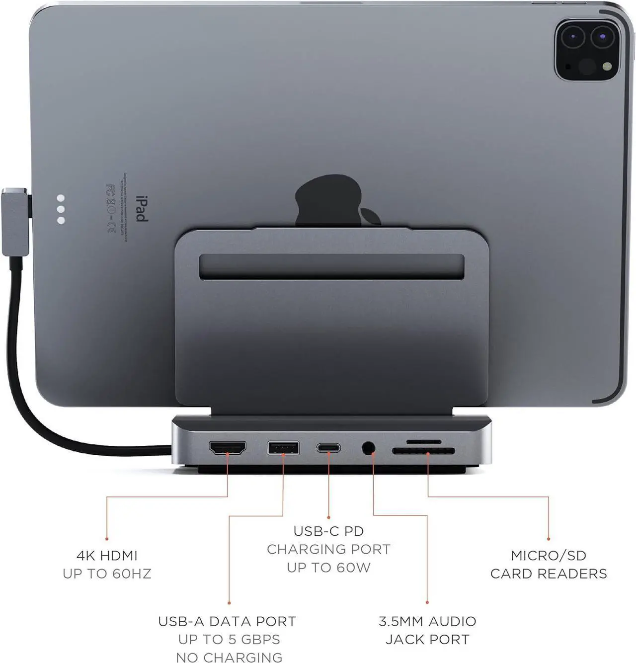 Alt view image 4 of 6 - Satechi USB C Hub - iPad Pro USB C Hub - Aluminum Stand & Hub  6-in-1 iPad Dock Foldable Stand  iPad Docking Station- iPad Hub for M2, M1 iPad Pro/iPad Air, iPad Mini 6 Gen
