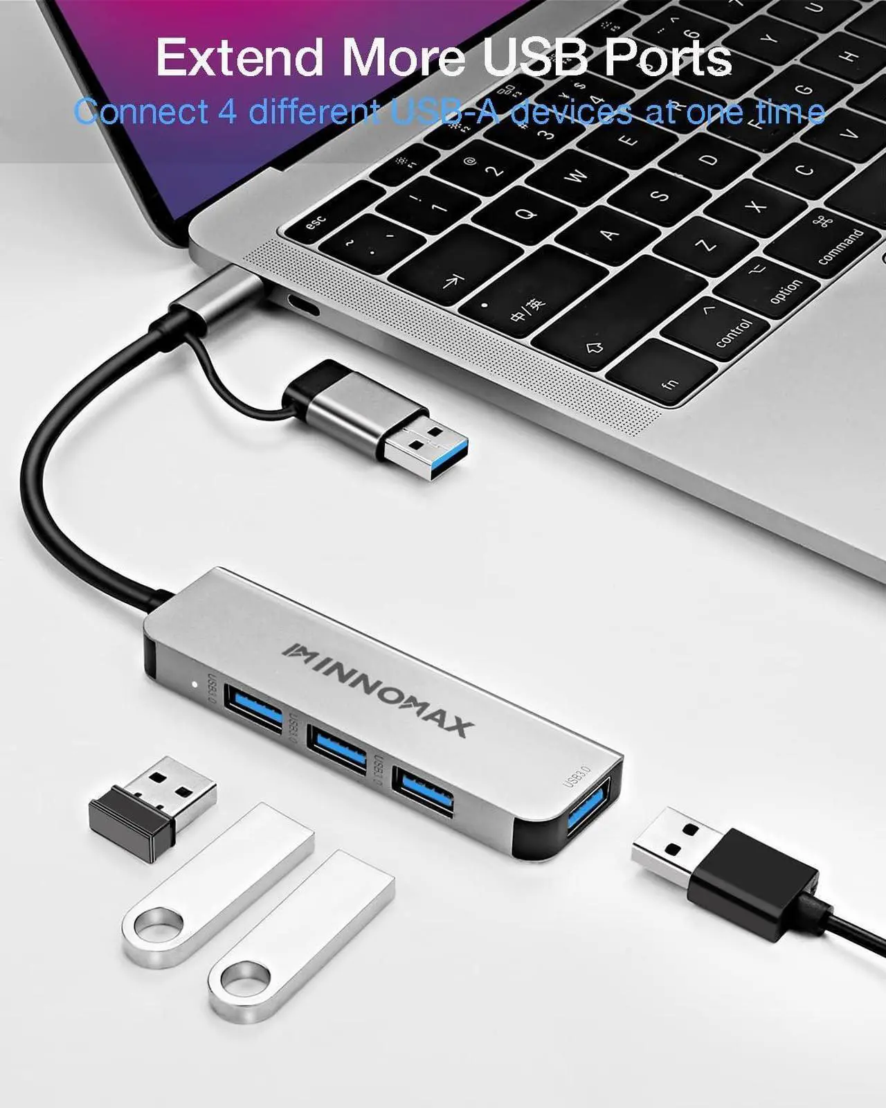 Alt view image 2 of 6 - USB C to USB Hub 4 Ports, INNOMAX Aluminum USB Type C to Multiport USB 3.0 Adapter with One Extra USB A Male Adapter for All Computers: MacBook, iPad Pro, Flash Drive, HDD, Printer, Mouse etc