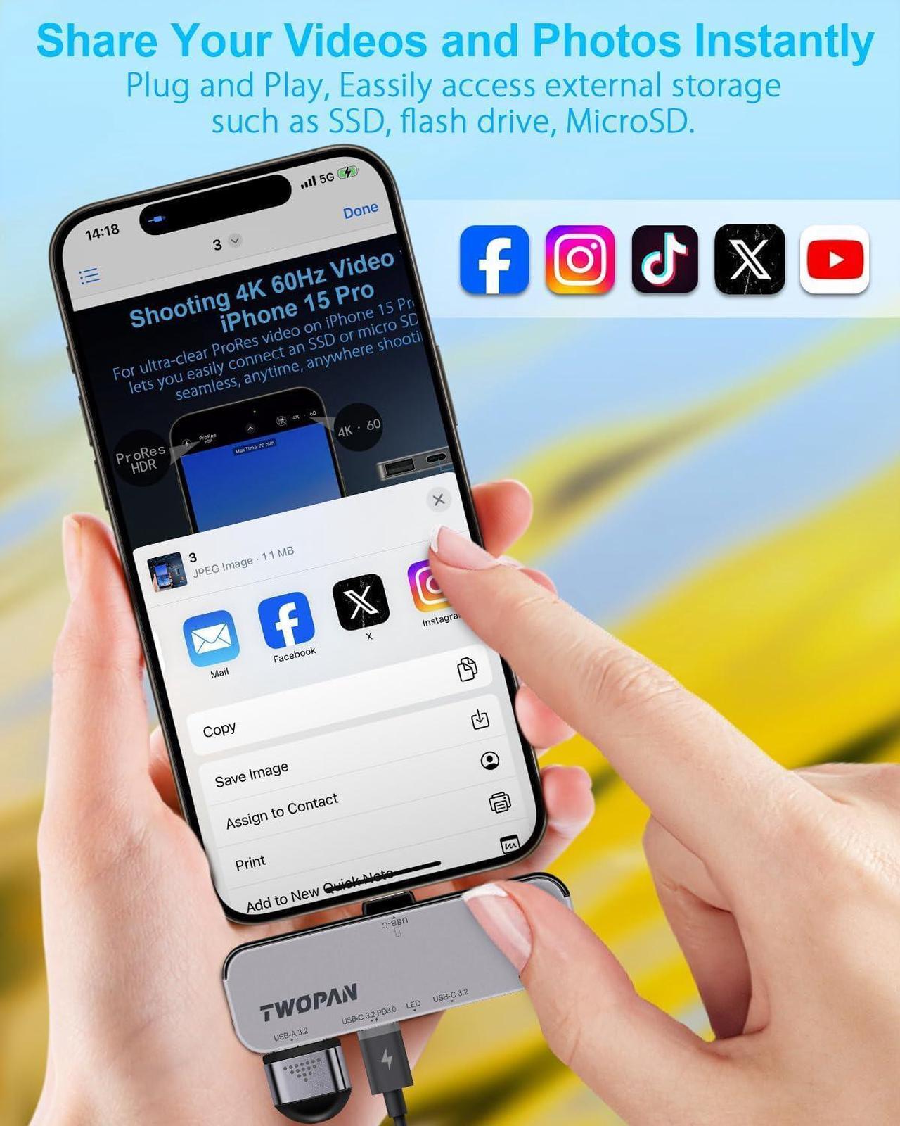 Alt view image 4 of 7 - USB C iPhone Hub for ProRes Video Recording - Ultra-Slim Aluminum USB 3.2, Dual USB-C, Micro SD, and Charging Port Hub for iPhone 15 Pro/Pro Max