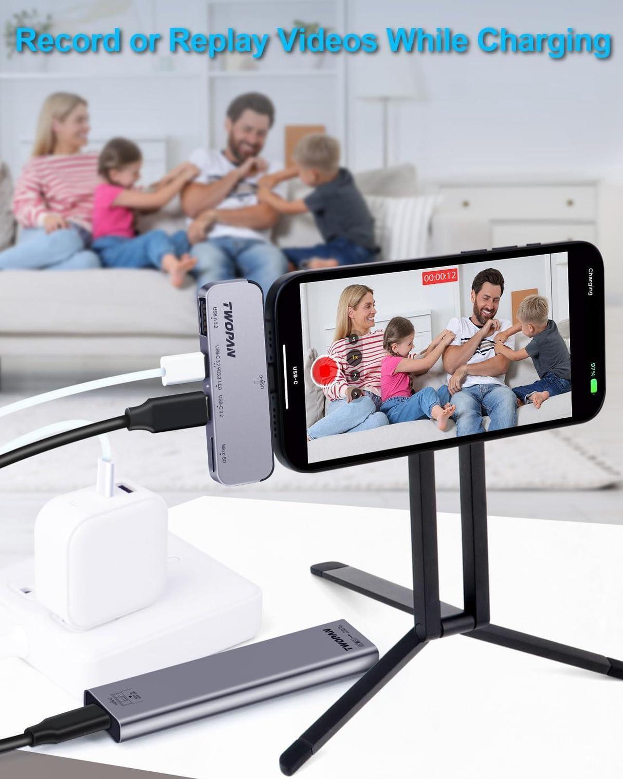 Alt view image 6 of 7 - USB C iPhone Hub for ProRes Video Recording - Ultra-Slim Aluminum USB 3.2, Dual USB-C, Micro SD, and Charging Port Hub for iPhone 15 Pro/Pro Max