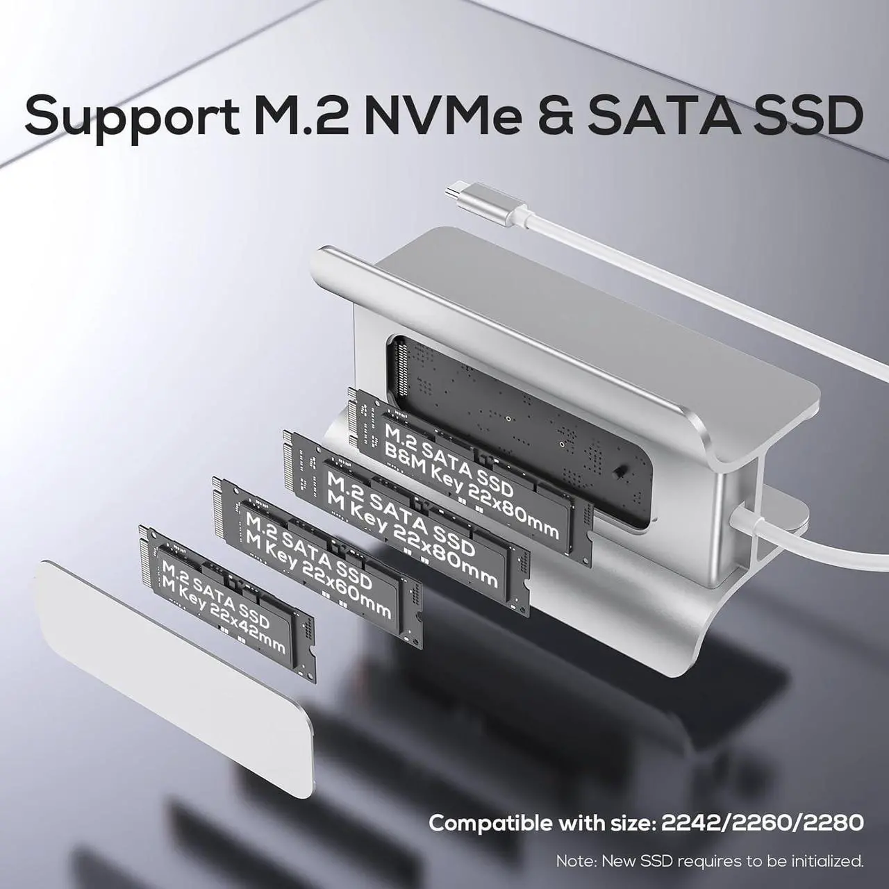 Alt view image 2 of 6 - USB C Hub for Mac Mini, 5 in 1USB Hub Adapter Support M.2 NVMe SSD Expand, Docking Station with 2 USB C 10Gbps, SD/TF Card Reader, M.2 SSD (Not Included)