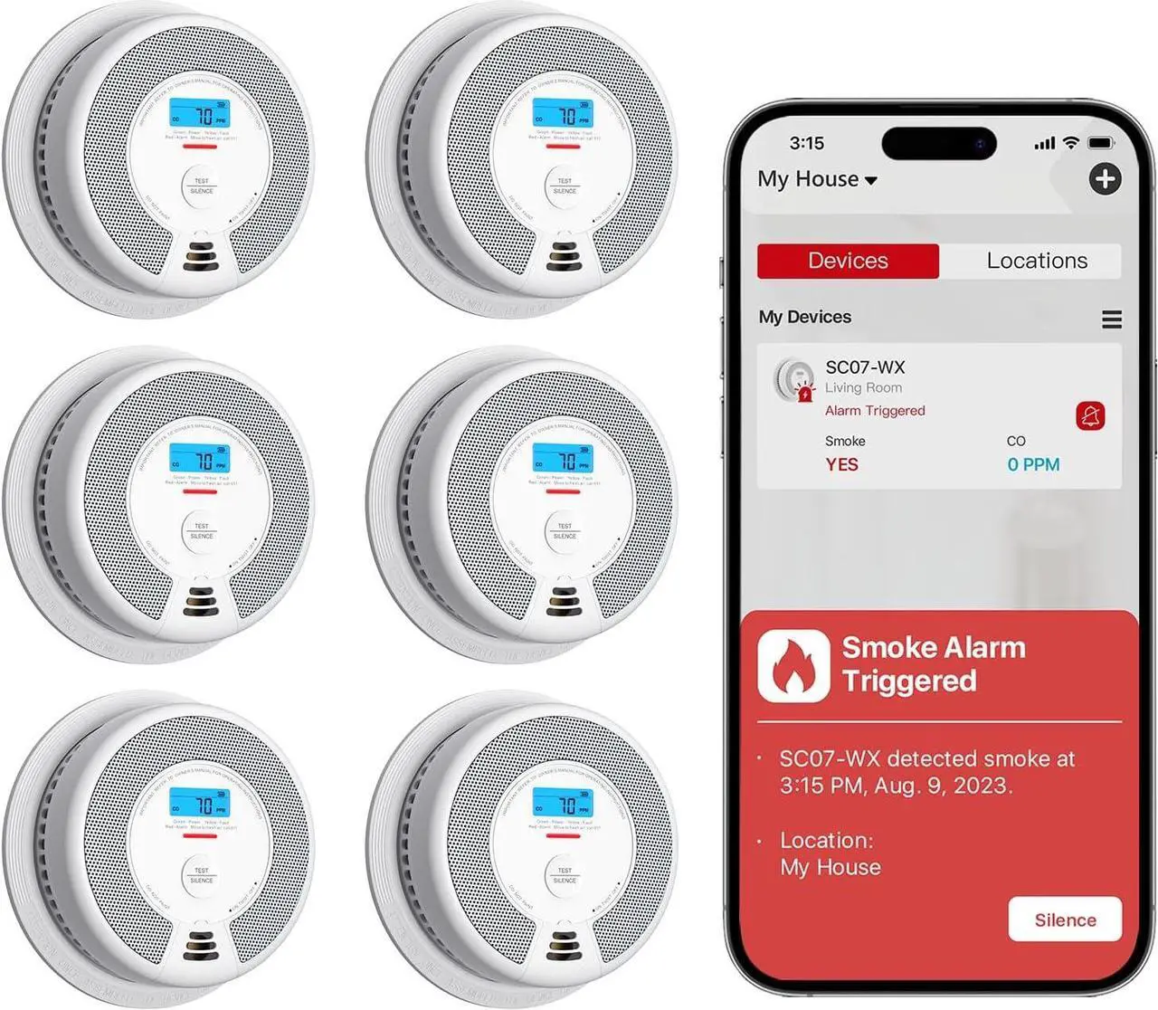 Main image of Smart Smoke Detector Carbon Monoxide Detector Combo with Replaceable Battery, Wi-Fi Smoke and Carbon Monoxide Detector with Real-Time App Notifications, SC07-WX, 6-Pack