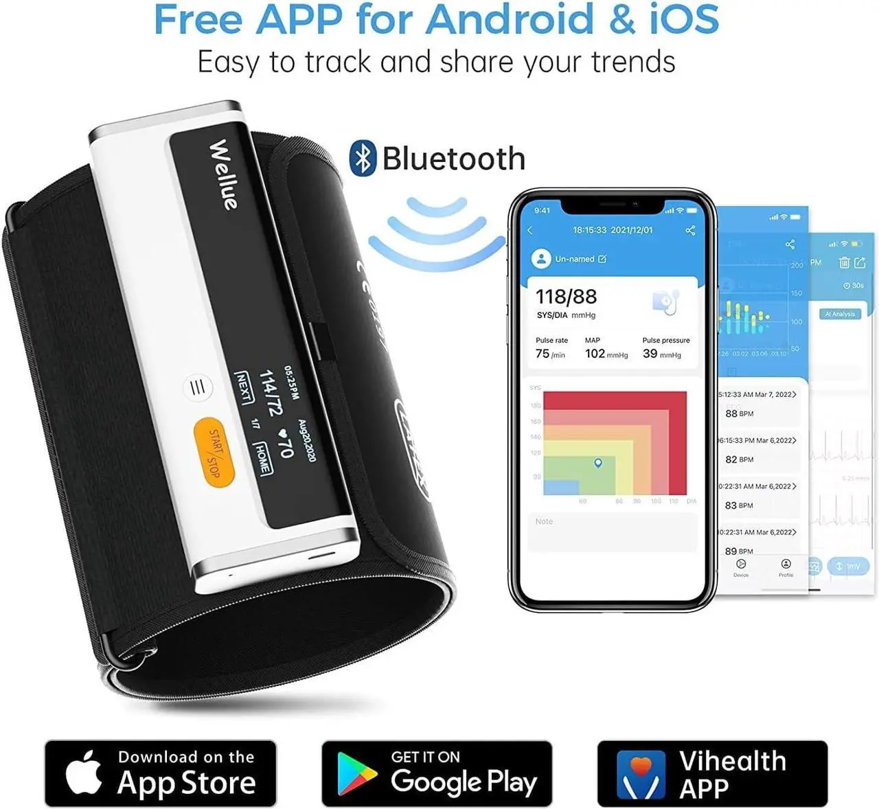 Alt view image 6 of 7 - Bluetooth Blood Pressure Monitor for Home Use, Upper Arm Blood Pressure Machine with Cuff Size 8.6"-16.5", Portable Digital BP Monitor with Free APP for iOS & Android, Reports Shareable