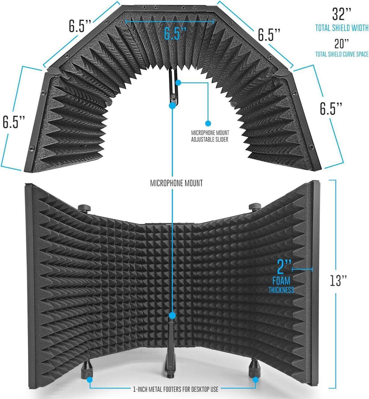 Alt view image 3 of 7 - Large 32x13 Recording Studio Microphone Isolation Shield w/ 3 Tier Tripod Stand and Pop Filter | Portable Sound Isolation Booth | Reflection Filter Shield | Studio Microphone Stand