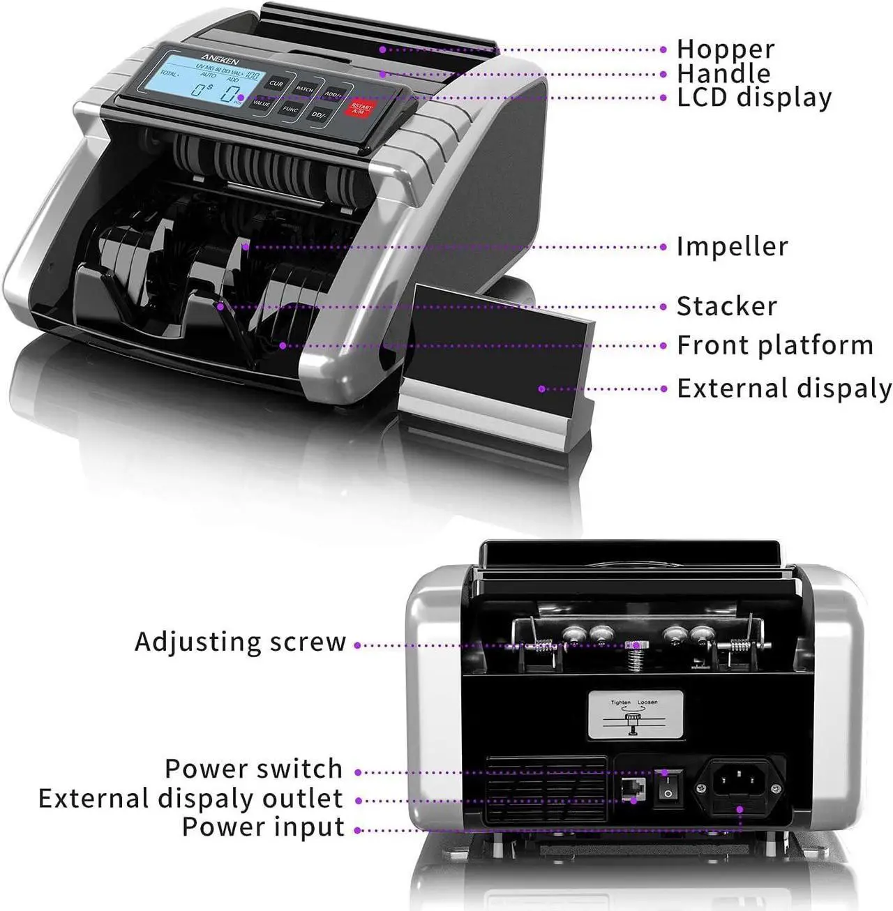 Alt view image 2 of 6 - Money Counter Machine with Value Count, Dollar, Euro UV/MG/IR/DD/DBL/HLF/CHN Counterfeit Detection Bill Counter, Add and Batch Modes, Cash Counter with LCD Display