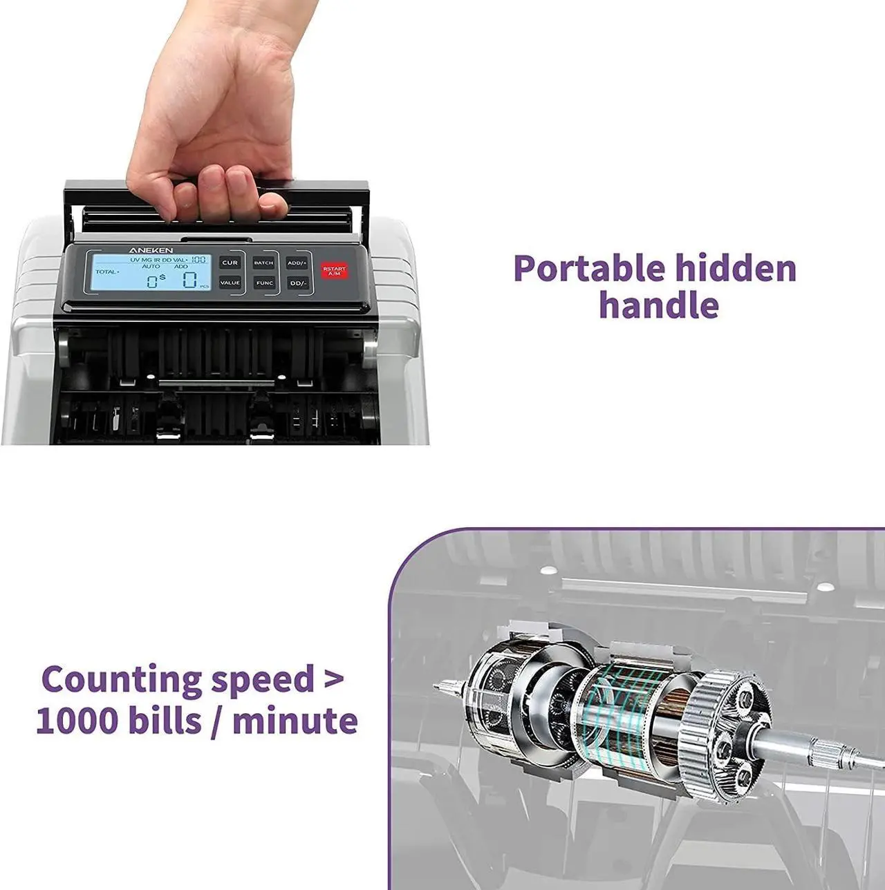 Alt view image 3 of 6 - Money Counter Machine with Value Count, Dollar, Euro UV/MG/IR/DD/DBL/HLF/CHN Counterfeit Detection Bill Counter, Add and Batch Modes, Cash Counter with LCD Display