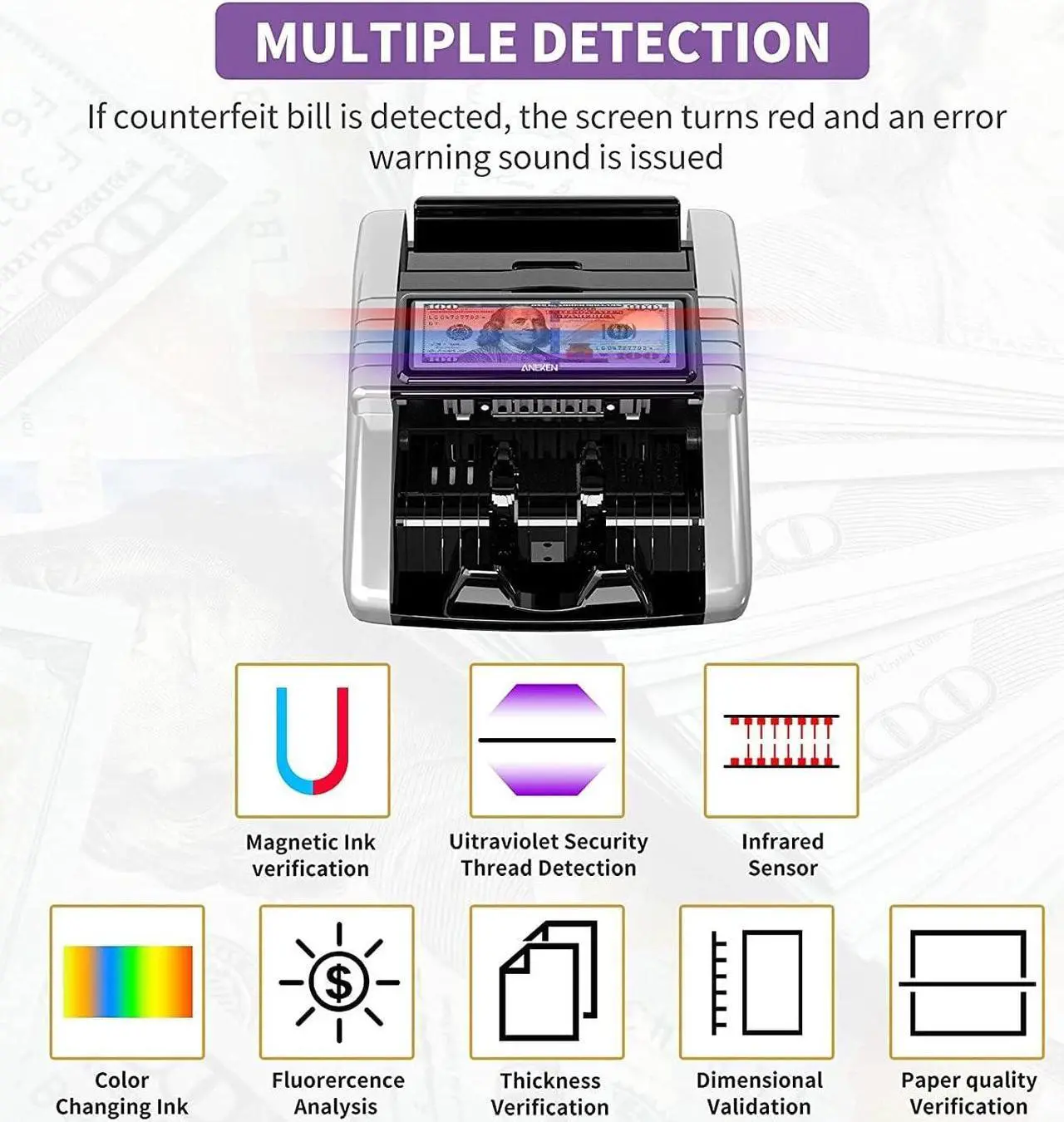 Alt view image 4 of 6 - Money Counter Machine with Value Count, Dollar, Euro UV/MG/IR/DD/DBL/HLF/CHN Counterfeit Detection Bill Counter, Add and Batch Modes, Cash Counter with LCD Display