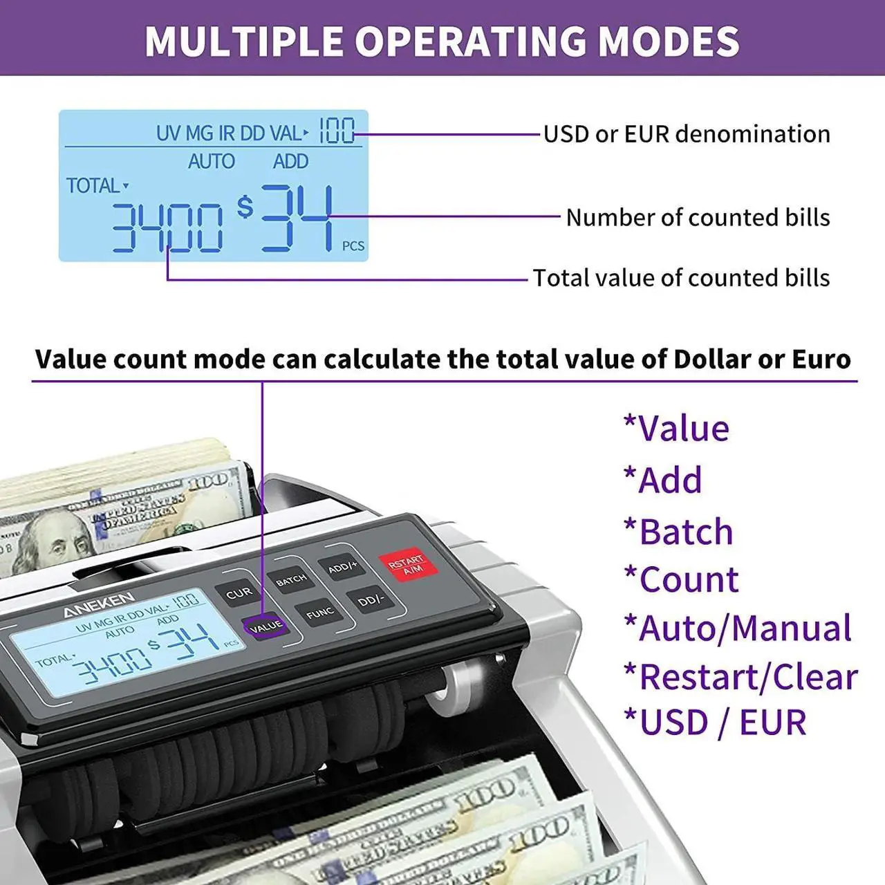 Alt view image 5 of 6 - Money Counter Machine with Value Count, Dollar, Euro UV/MG/IR/DD/DBL/HLF/CHN Counterfeit Detection Bill Counter, Add and Batch Modes, Cash Counter with LCD Display