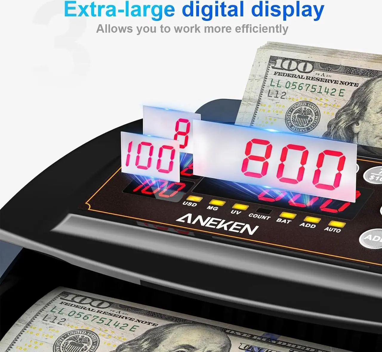 Alt view image 3 of 6 - Money Counter with Value Count, UV/MG/IR Counterfeit Detection for Dollars Euros Bill Counter Machine with Count/Add/Batch/Auto Modes, Cash Counter with External LCD Display