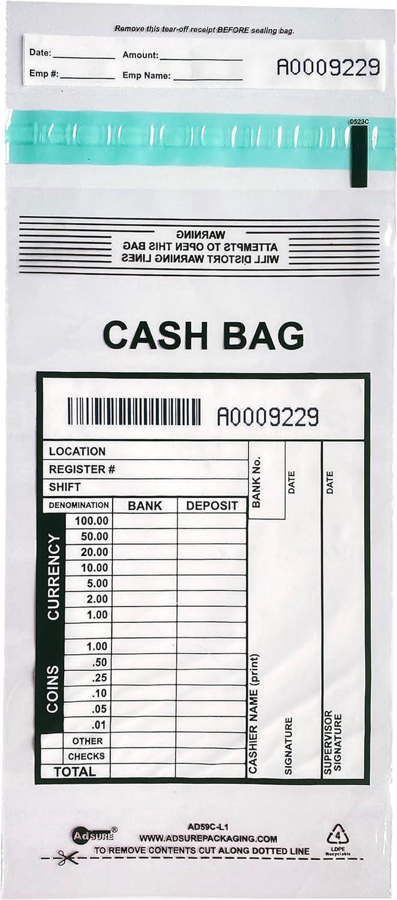Main image of Clear Plastic Small Bank Deposit Bags For Cash | Pack of 1000 | 5"x9"|Tamper Evident Bags | Write-On Panel and Tear-Off Receipt | Ideal for Cash Handling