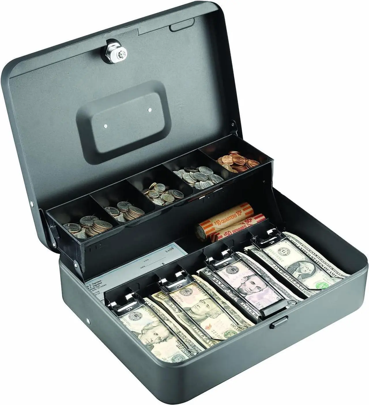 Alt view image 2 of 4 - Industries STEELMASTER Tiered Tray Cash Box | 11.81 W x 3.18 H x 9.43 D | 10 Compartments | Tiered Tray Design | Recessed Handle | Secure Cam Lock | Steel Construction
