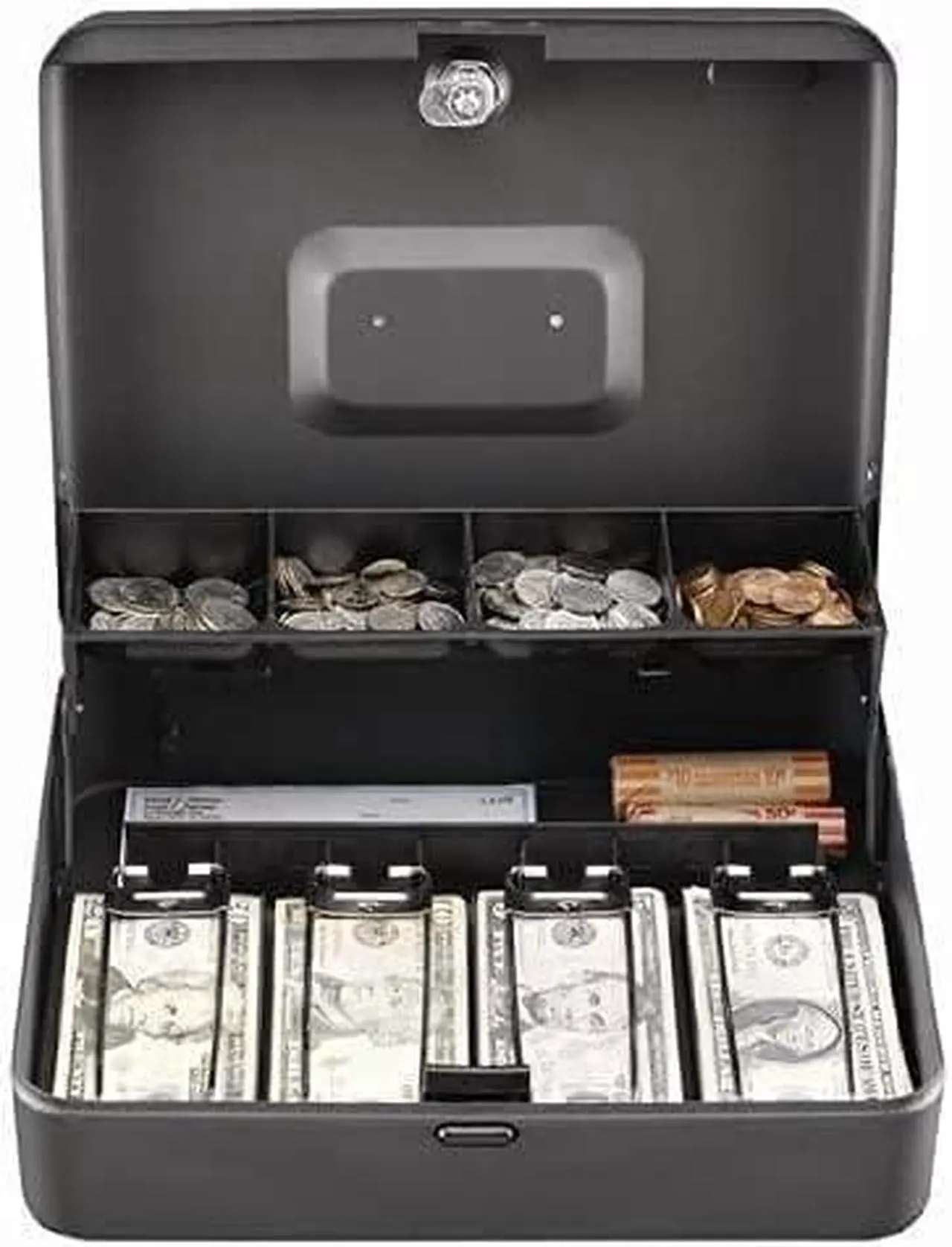 Alt view image 4 of 4 - Industries STEELMASTER Tiered Tray Cash Box | 11.81 W x 3.18 H x 9.43 D | 10 Compartments | Tiered Tray Design | Recessed Handle | Secure Cam Lock | Steel Construction