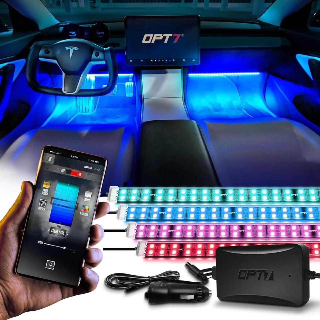 Main image of Aura Pro Double Row Car LED Lights Interior with APP Control, Multicolor Mode, Sound Active Function Inside Ambient Lighting Kit, Footwell Floor Decor, Car Charger Adapter 12V, 4pc