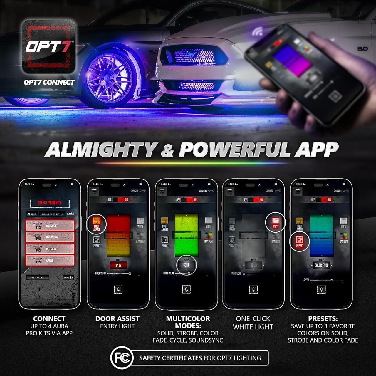 Alt view image 2 of 7 - Aura Pro Double Row Car LED Lights Interior with APP Control, Multicolor Mode, Sound Active Function Inside Ambient Lighting Kit, Footwell Floor Decor, Car Charger Adapter 12V, 4pc