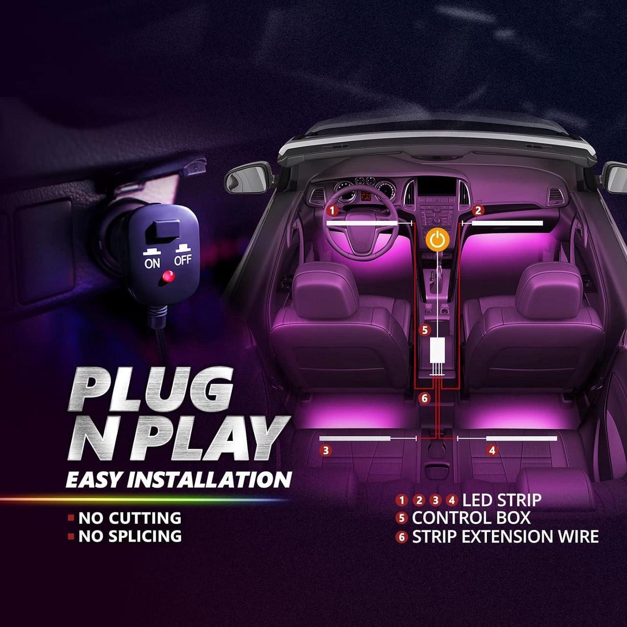 Alt view image 3 of 7 - Aura Pro Double Row Car LED Lights Interior with APP Control, Multicolor Mode, Sound Active Function Inside Ambient Lighting Kit, Footwell Floor Decor, Car Charger Adapter 12V, 4pc