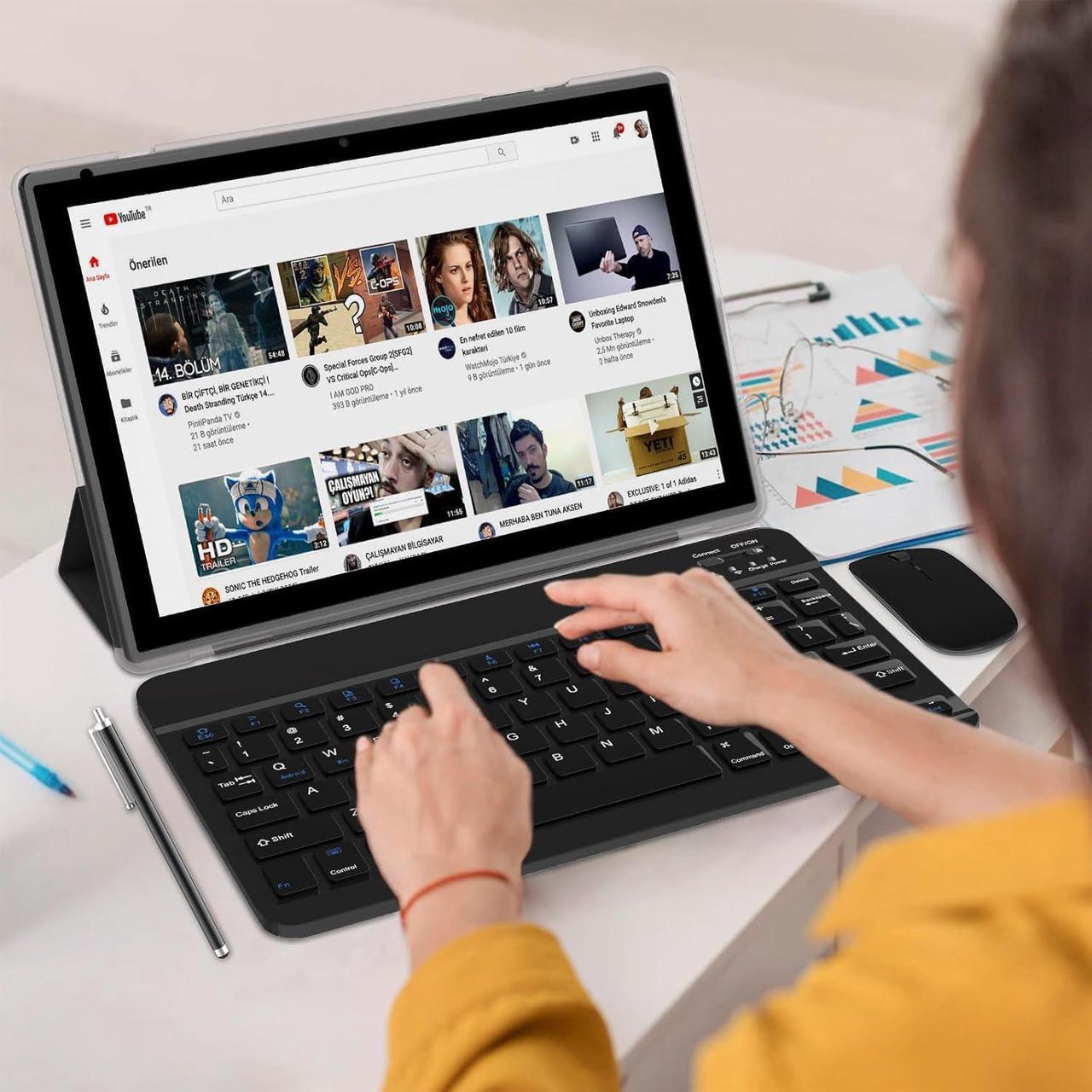 Alt view image 2 of 7 - 2 in 1 Tablets 10 inch Android 12 Tablet Set with Keyboard Case Mouse Stylus Pen, 4GB+64GB Tablets 10.1" Tab 1280*800 HD Touch Screen, 8MP Dual Camera Games Wi-Fi-6 Bluetooth Tableta PC (Black)