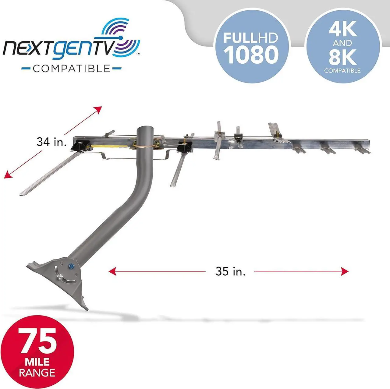 Alt view image 3 of 4 - Compact Outdoor or Attic Yagi TV Antenna - Long Range Digital OTA Antenna for Clear Reception, NexGenTV Compatible, Supports 4K/8K 1080p TVs, Silver Color