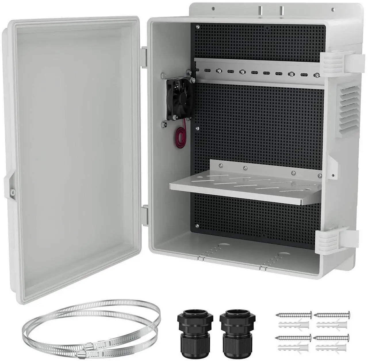 Main image of White Outdoor Electrical Box Waterproof Nema Enclosure 16x11x6 Plastic WiFi Box with Fan Vented Dust Screen